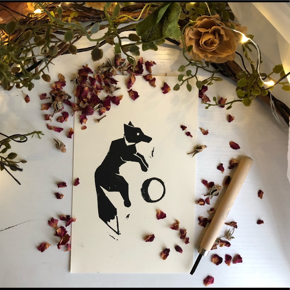 Linoleum Prints Hand Made Fox & Moon - Picture 4 of 5